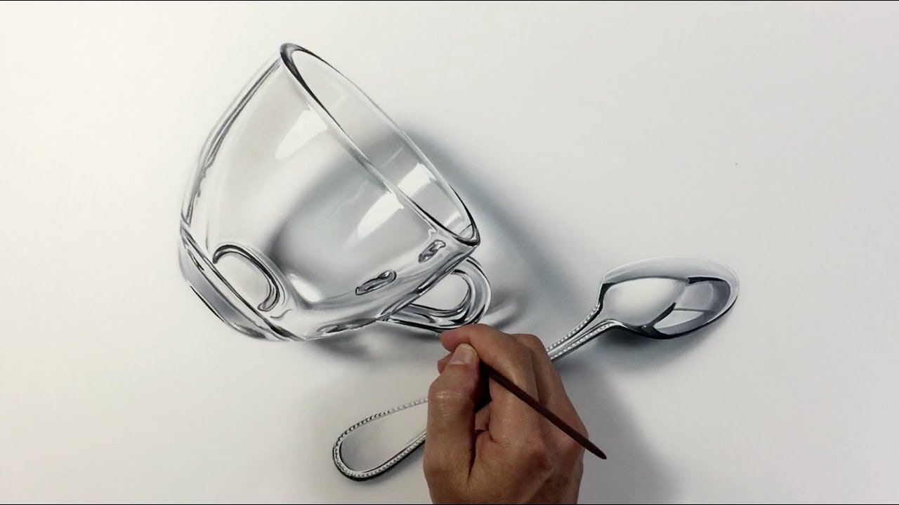 Tazzina di vetro con cucchiaino - hyper realistic drawing | Leonello Calvetti