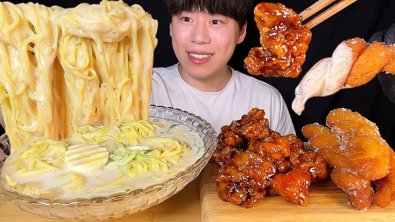 SUB) Корейская еда холодная соевая лапша и кисло-сладкая курица, скрученные пончики мукбанг асмр