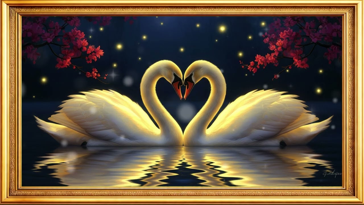Golden Swans Love Heart  4K Romantic Art with Cherry Blossoms for TV Frame  Elegant Screensaver