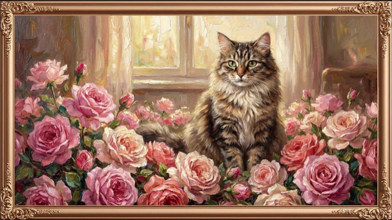 Vintage Cat & Roses Painting Valentine Frame TV Art 4K | Cat Screensaver for TV