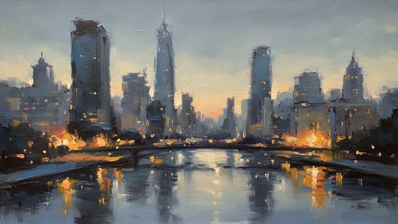 Frame TV Art Screensaver 🖼️ #3 Modern Impressionist City with Skyscrapers & River | Art for TV 4K