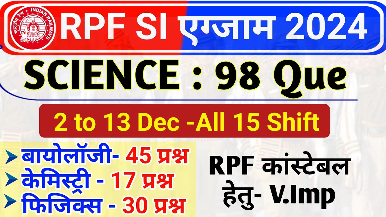 RPF SI 2024 All Shift Science Questions | RPF SI 2024 All Shift GK GS Questions | RPF Constable GK