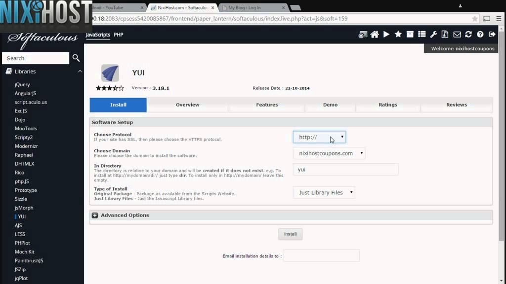 Installing YUI with Softaculous in cPanel