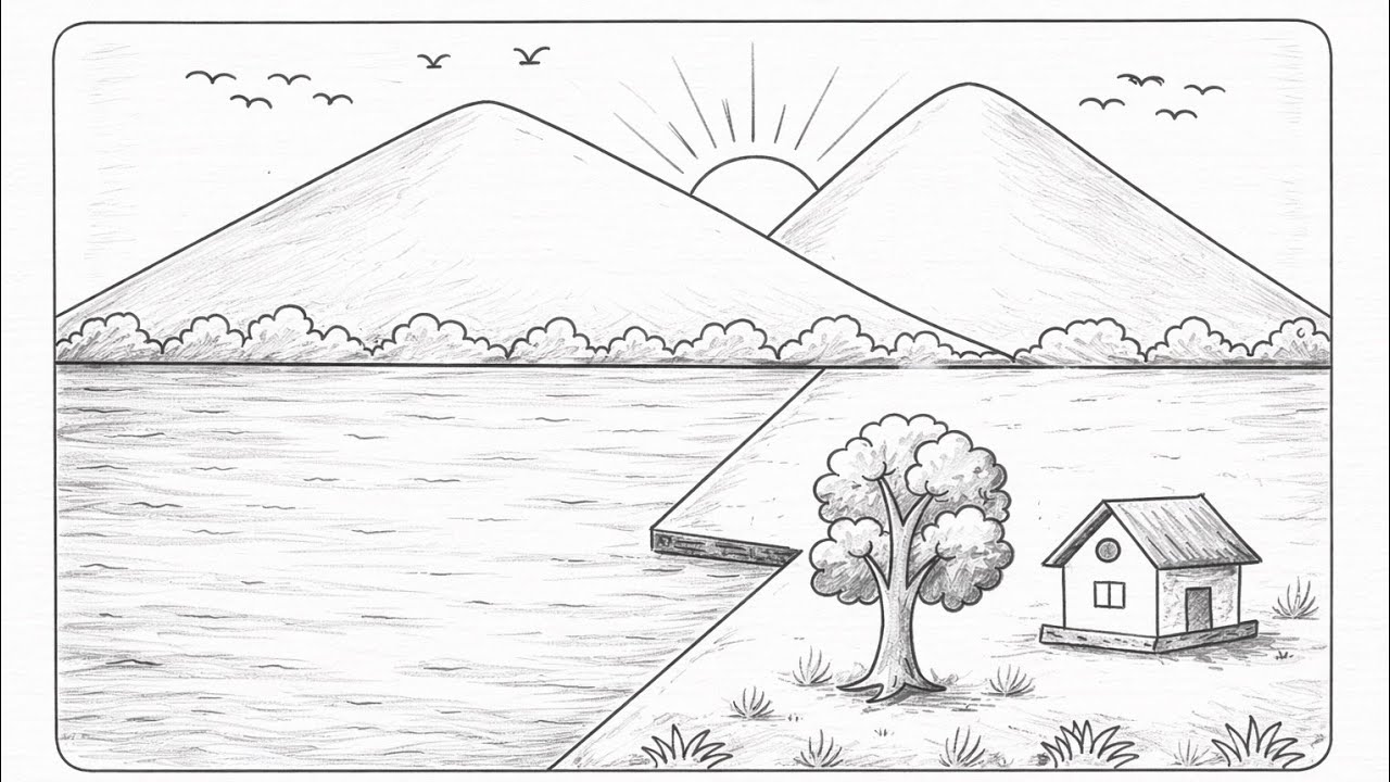  Scenery drawing easy / How to draw very easy scenery drawing/ prakrutik drishya kaise banaen #draw 