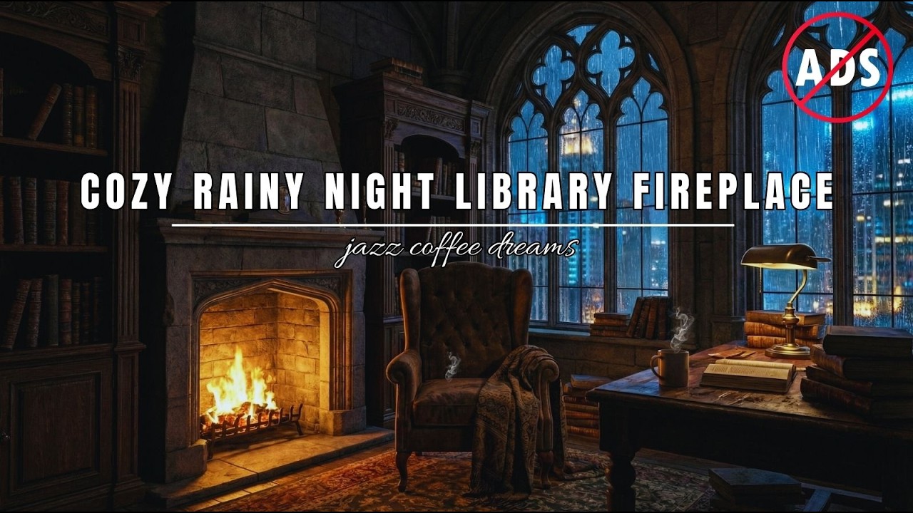 Cozy Rainy Night Library Fireplace Ambience 🔥📚 Smooth Jazz Study & Relaxation Atmosphere