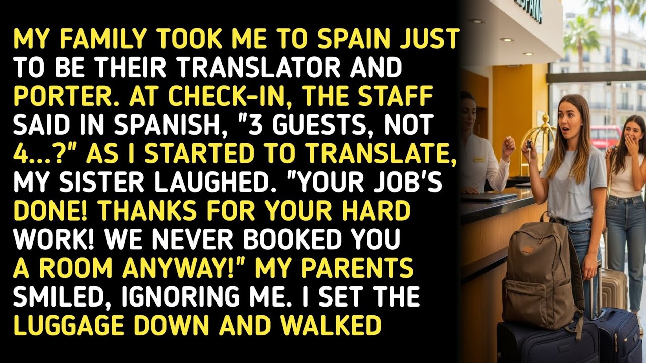 MY FAMILY TOOK ME TO SPAIN JUST TO BE THEIR TRANSLATOR AND PORTER. AT CHECK-IN, THE STAFF SAID. 