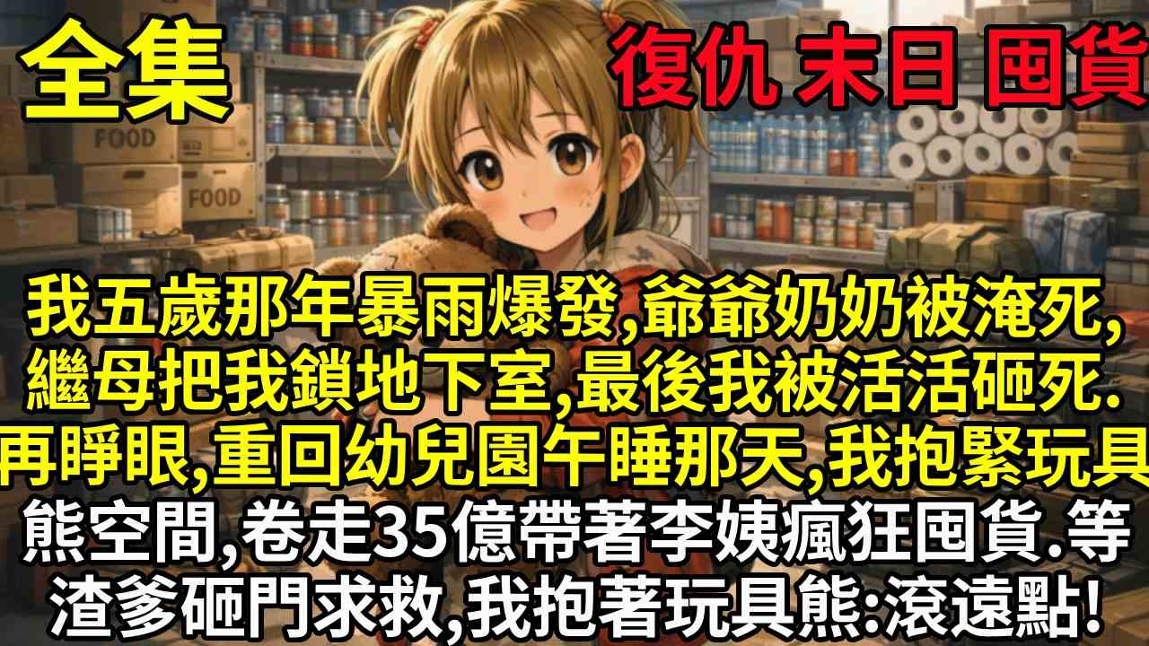 我五歲那年末世暴雨爆發，爺爺奶奶被淹死，繼母把我鎖地下室，最後我被活活砸死。再睜眼，重回幼兒園午睡那天，我抱緊玩具熊空間，卷走35億現金、帶著李姨瘋狂囤貨。等渣爹砸門求救，我抱著玩具熊：滾遠點！