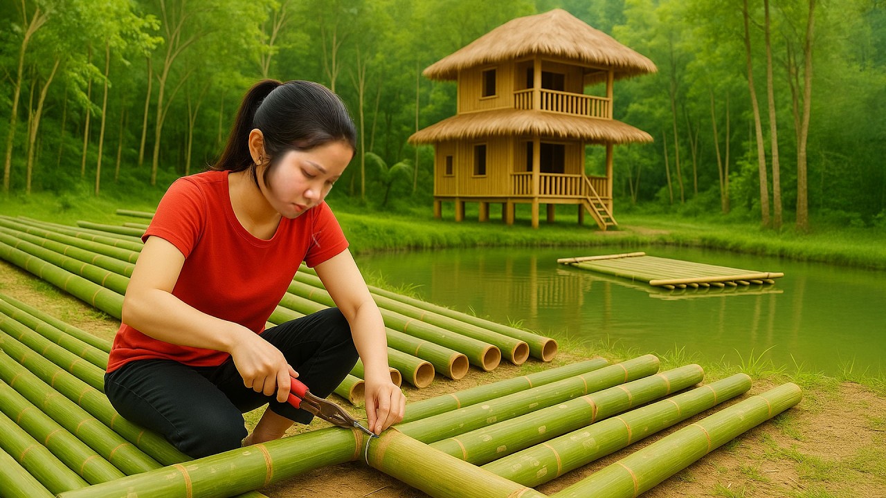 Rewind Timelapse🌿Building Bamboo Floating Raft on Fish Pond |Wood Fire Cooking |Bushcraft Skills 4K