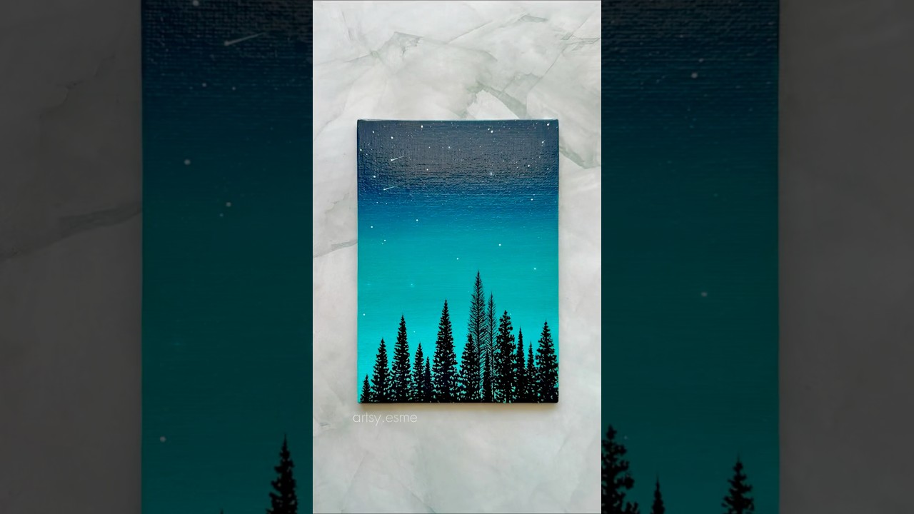easy beginner forest painting 🌲🩵🌌 calming night sky art tutorial ✨ #artshorts #paintingprocess