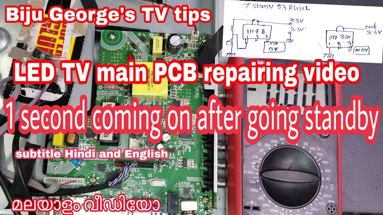 LED TV main PCB repairing video,TSUMV53RUUL, standby indicator flashing English and Hindi മലയാളം