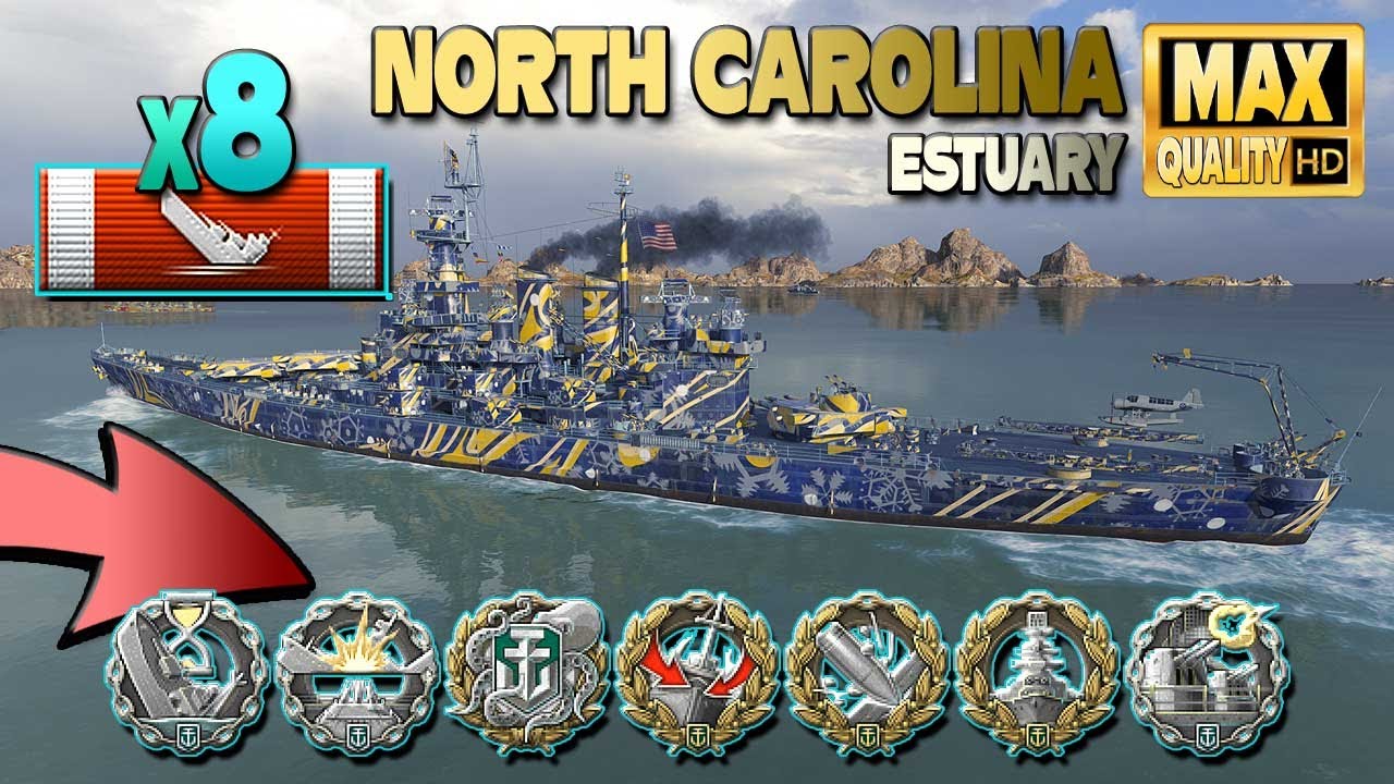 Линкор North Carolina: уничтожено 8 кораблей - World of Warships