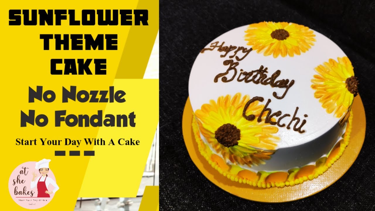 കേക്കിൽ സൂര്യകാന്തി വരക്കാൻ പറ്റോ സക്കീർ ബായിക്ക് 😜|Sun Flower Theme Cake|Drawing By At She Bakes