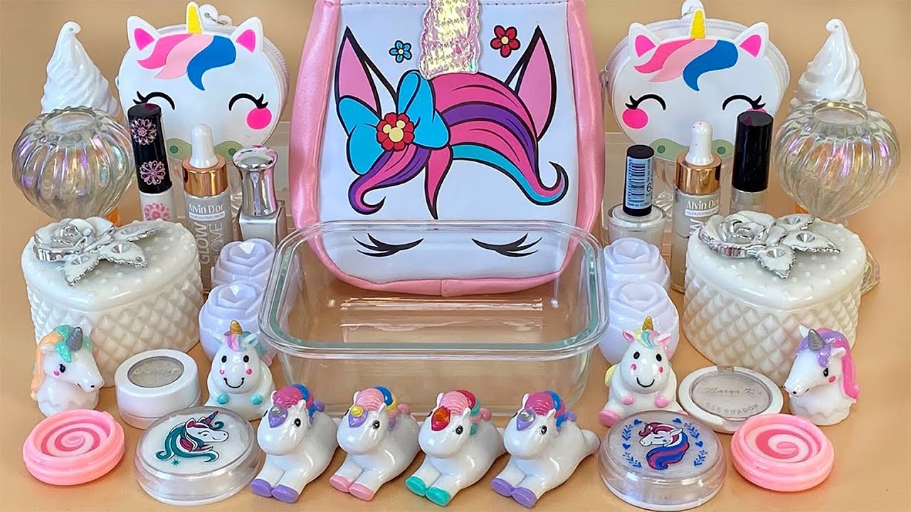 UNICORN SLIME. Mixing makeup and glitter into Clear Slime. ASMR Satisfying Slime Videos 1080p.