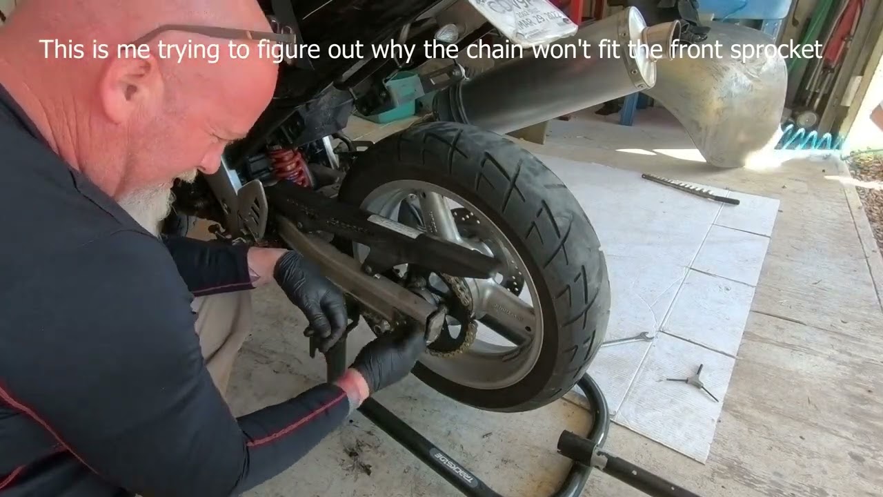 2002 Suzuki SV650,  Install new chain and sprockets, align rear wheel