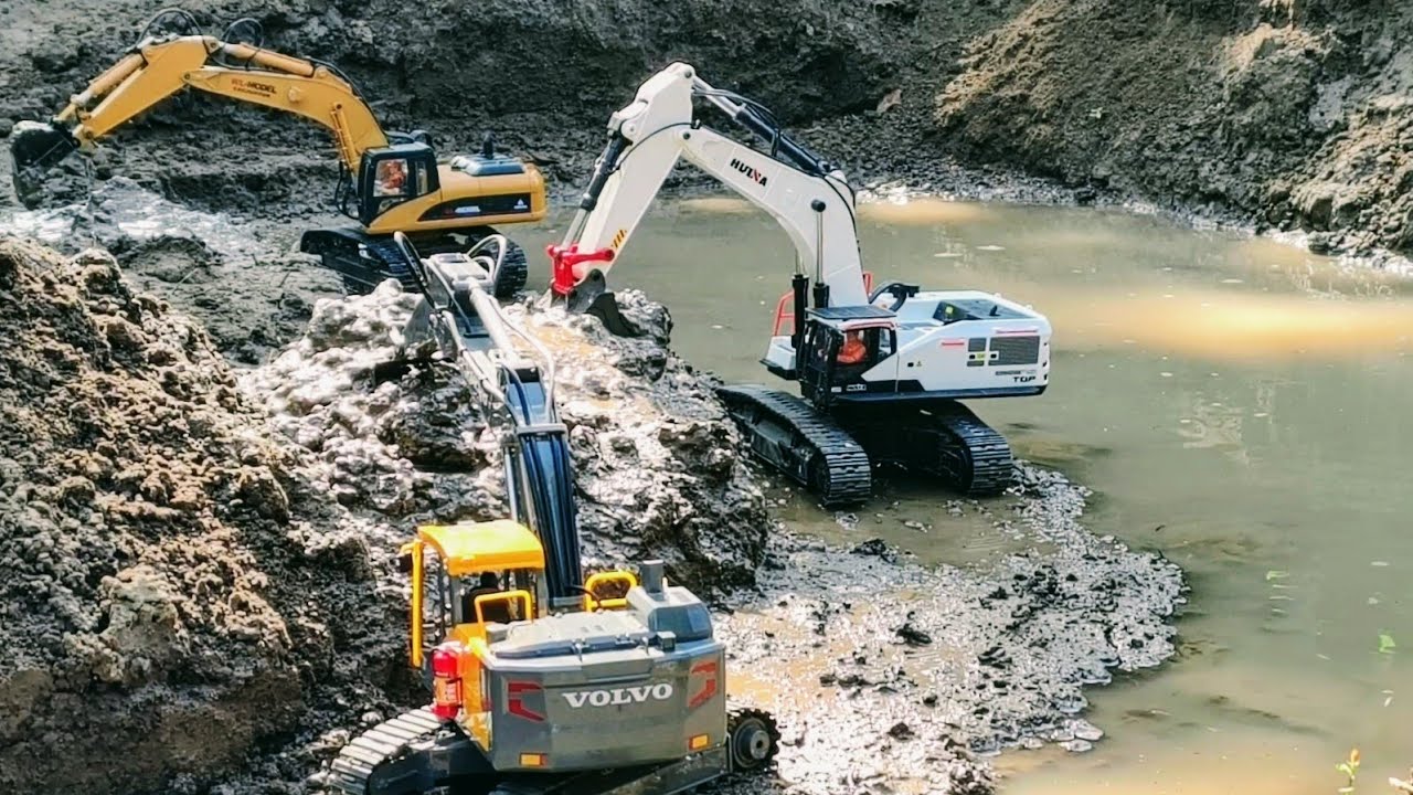 Amazing!! Mud dredging using three RC excavators Huina 1594, WL16800 & Volvo Ec160e