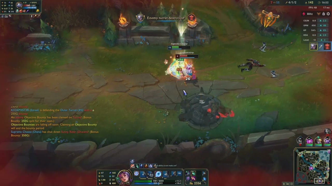 Diana Jungle, double kill bot on Draven and Yuumi and taking the turret