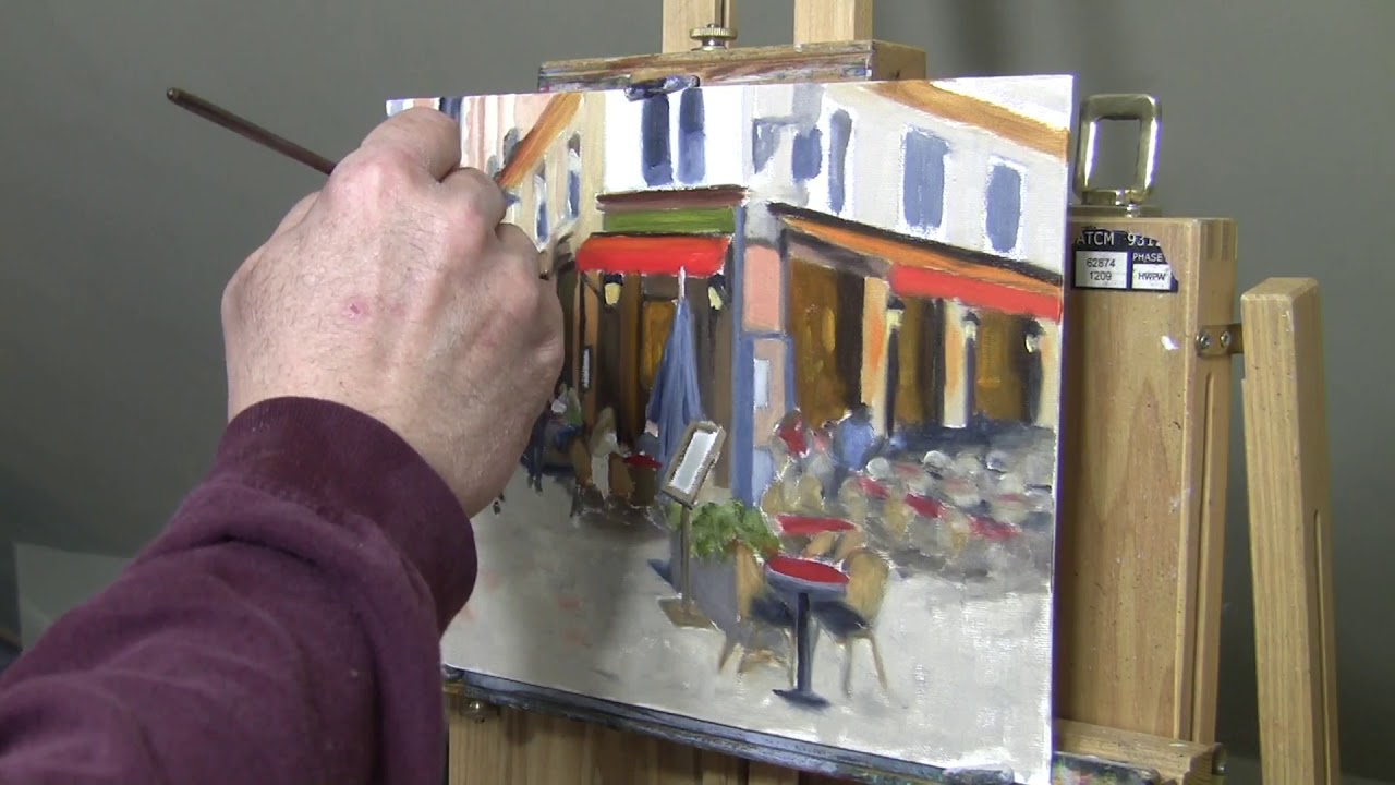 Oil painting tutorial: French Cafe, Water color compared to oil paint