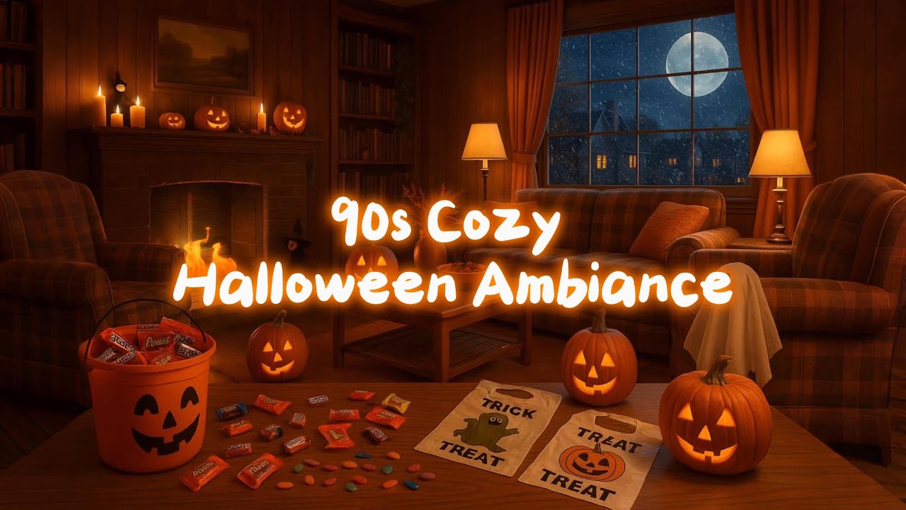 90s Halloween Ambience 🎃 Cozy Fireplace, Spooky House View, Vintage Nostalgia