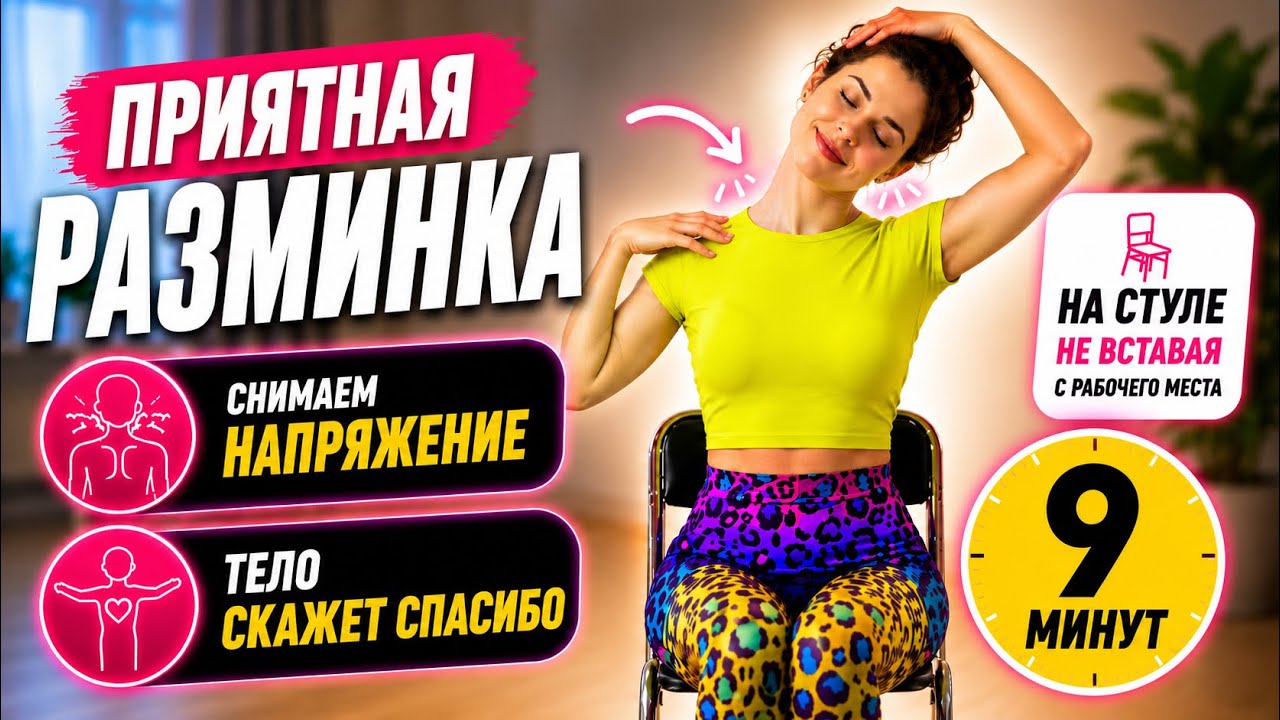 Разминка. Растяжка. Укрепление мышц. Полезные упражнения для здоровья и красивой оснанки на стуле.