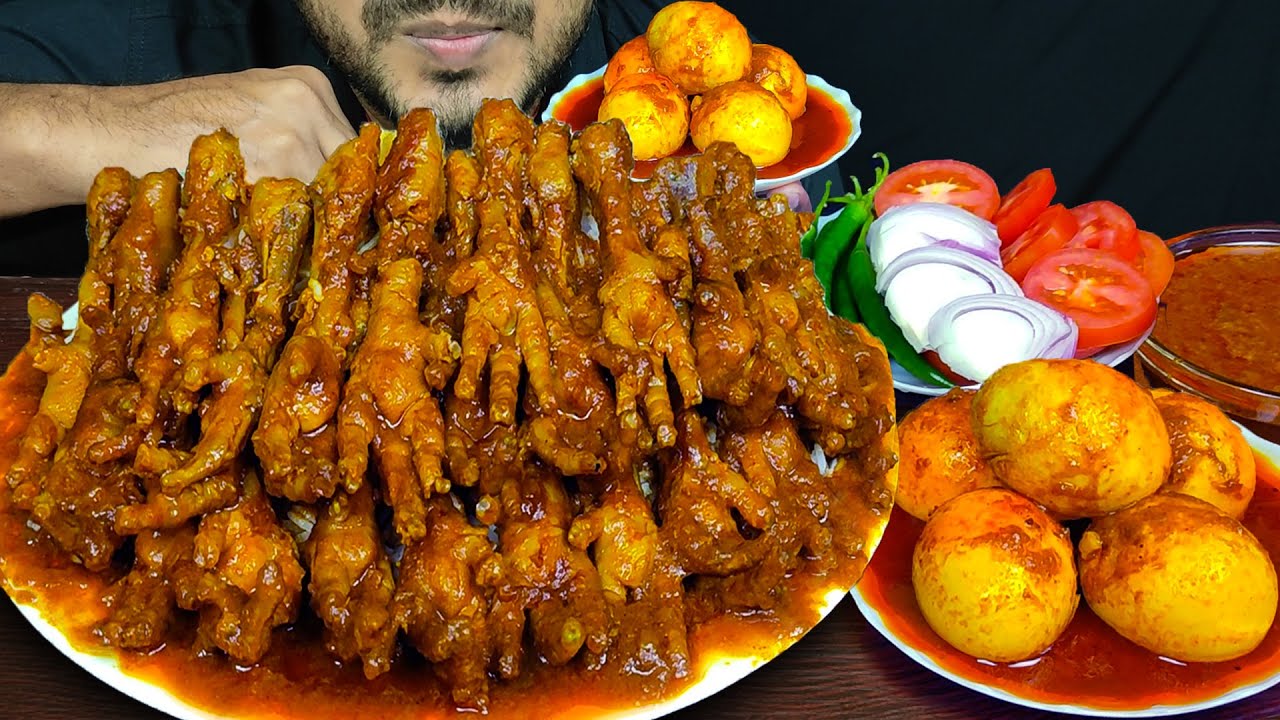 EATING CHICKEN FEET CURRY, SPICY EGG CURRY WITH RICE | MUKBANG EATING SHOW | EATING SOUNDS
