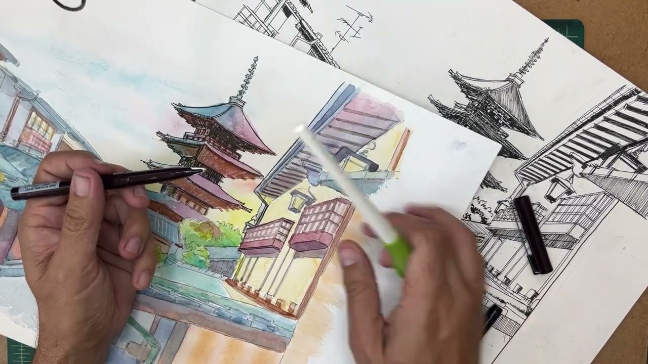 Inking watercolor Kyoto Japan Drawing