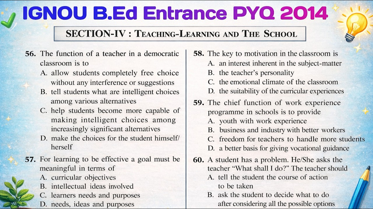 IGNOU B.Ed Entrance Previous Year Question Paper 2014 | Teaching Learning and The School PYQs