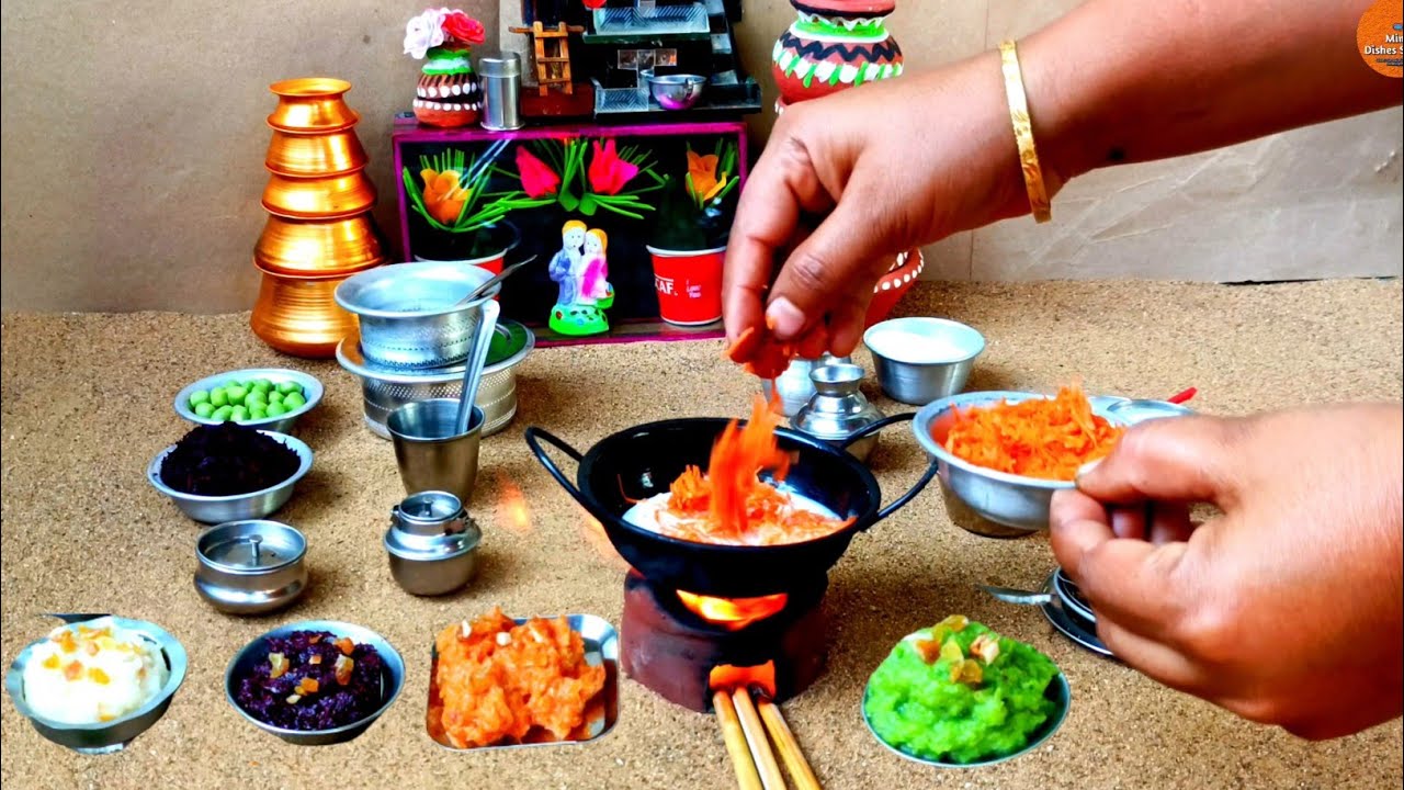 😋 Unique 4 Flavour Halwa | Suji Beetroot Carrot Matar Halwa | Miniature cooking