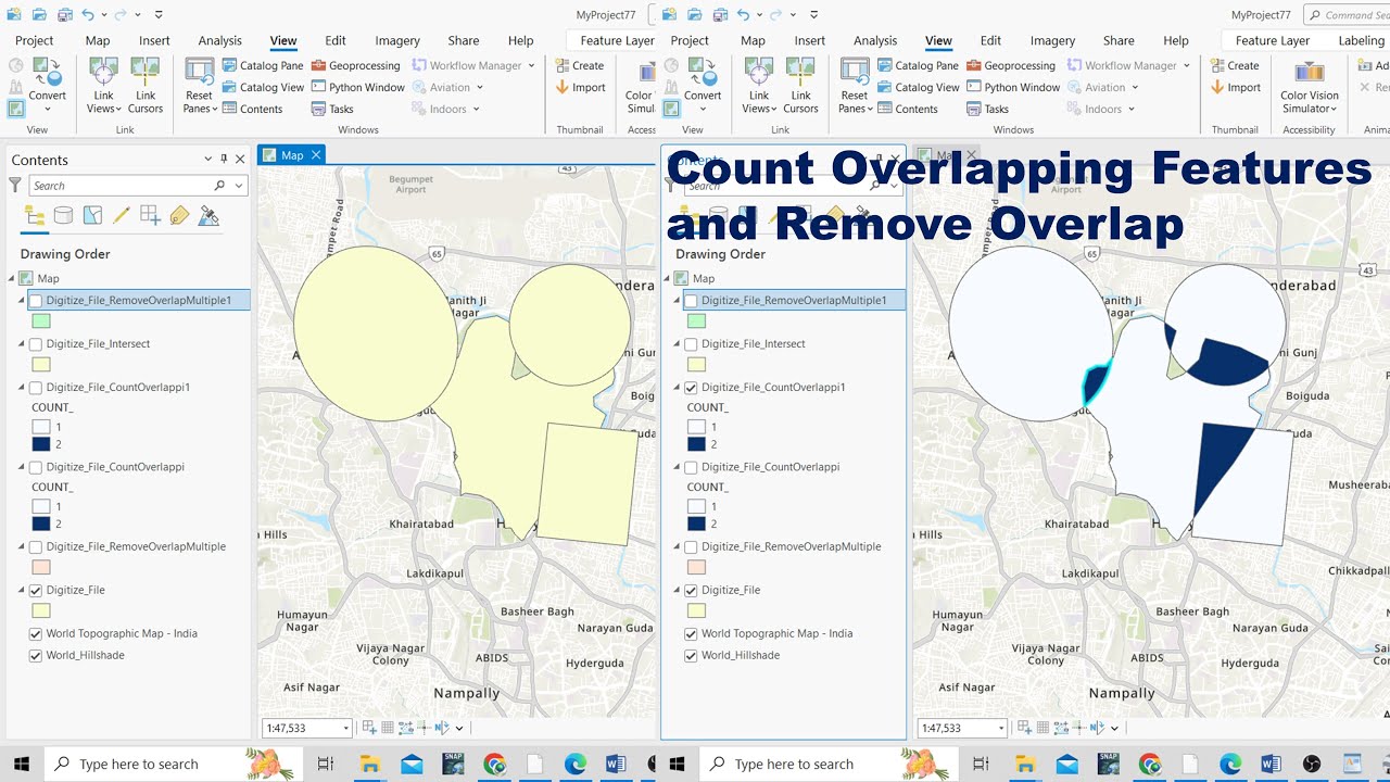 Подсчет перекрывающихся объектов, пересечение и удаление перекрытий в ArcGIS Pro
