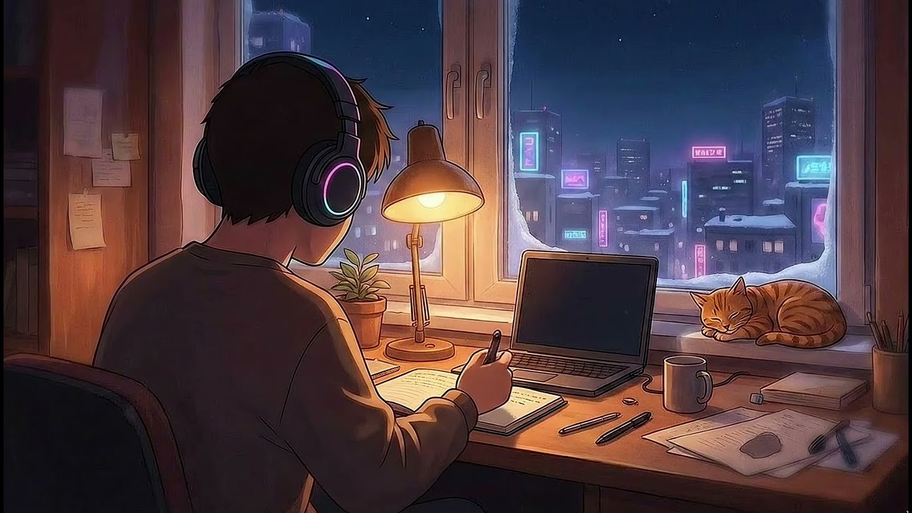 Cozy Anime Desk at Night 🌙✍️ – calm lofi focus ambience