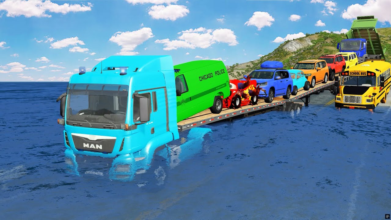 Triple Flatbed Trailer McQueen Transportation with Truck - Speedbumps vs Cars vs Train - BeamNG #05