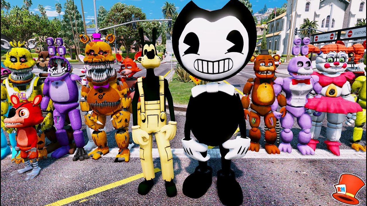 BENDY & THE INK MACHINE & BORIS MOD vs THE ANIMATRONICS! (GTA 5 Mods FNAF RedHatter)