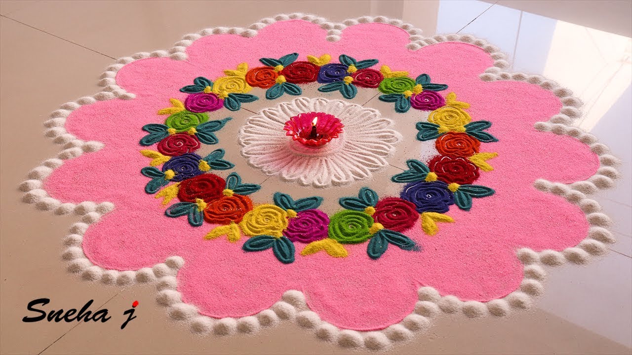 Awesome creative pink color rose rangoli design in 2 min easy quick & simple method |