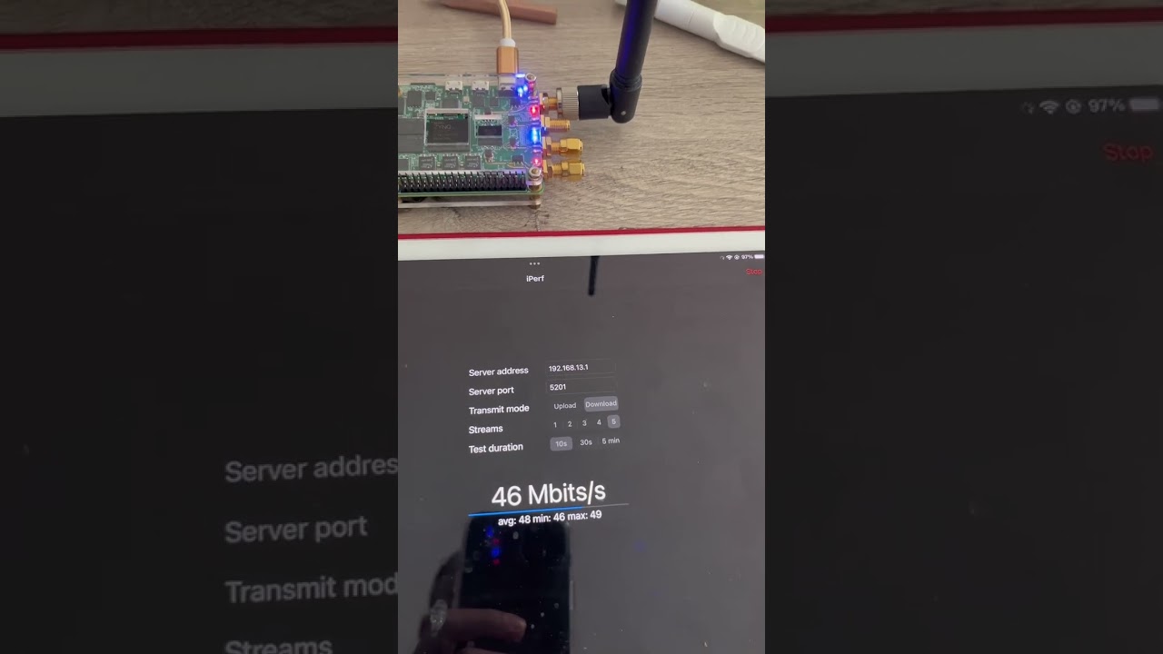 iperf3 TCP between openwifi (Xilinx ZYNQ ADI AD9361) board and iPad: 50Mbps