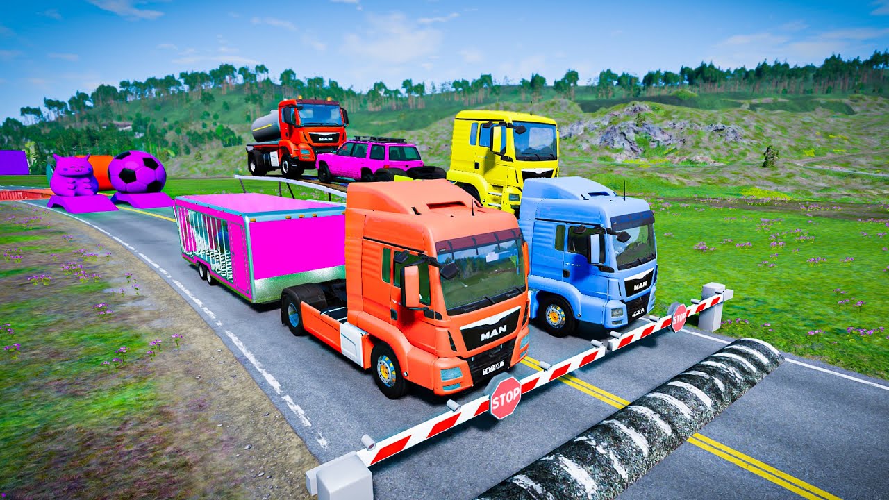 TRANSPORTING PIXAR CARS & FRUITS WITH COLORED & JOHN DEERE vs CLAAS vs TRACTORS - BeamNG.drive #38