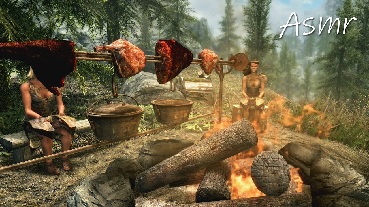 Skyrim Asmr - Camping out w/ some Hunters In the Woods (No talking)