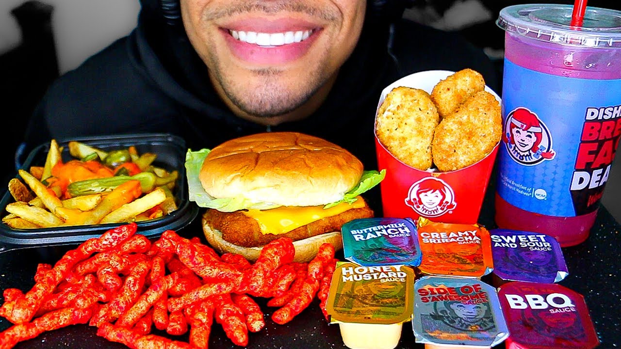 ASMR WENDY'S EATING SHOW MUKBANG FISH SANDWICH HOT CHEETOS CHICKEN NUGGETS CHEESE FRIES NO TALKING
