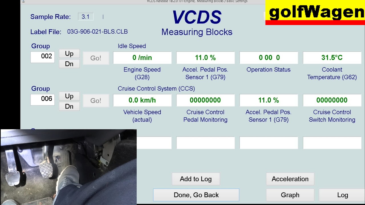 VCDS-VAG pedal test /accelerator pedal, brake pedal, clutch pedal/ on VW Golf