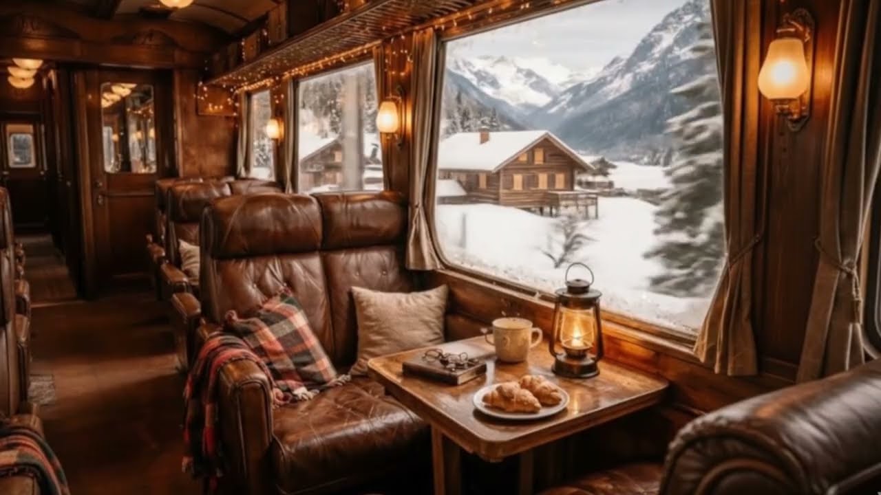 Luxury Winter Train Journey ❄️ Study Music for Concentration & Winter Fireplace Ambience
