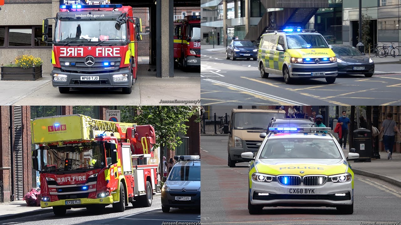 EPIC BULLHORN - London Police Cars, Fire Engines and Ambulances Responding with Lights + Sirens
