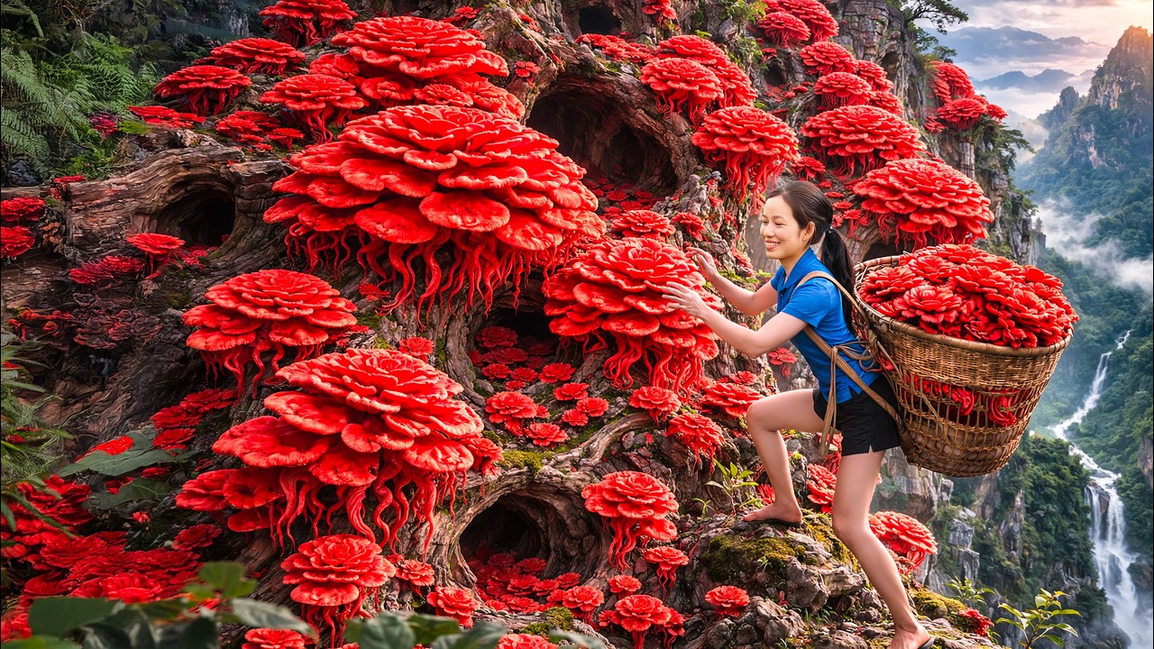 Brave Woman Harvests Wild Red Reishi in Deep Forest, Sells Out at Market—Harsh Remote Life Daily