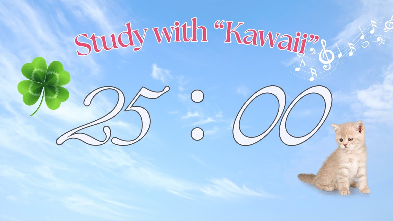 1h30m Study with Clover and cat🍀🐈❤️ 25/5 Pomodoro Timer | cafe music | study with me | for work