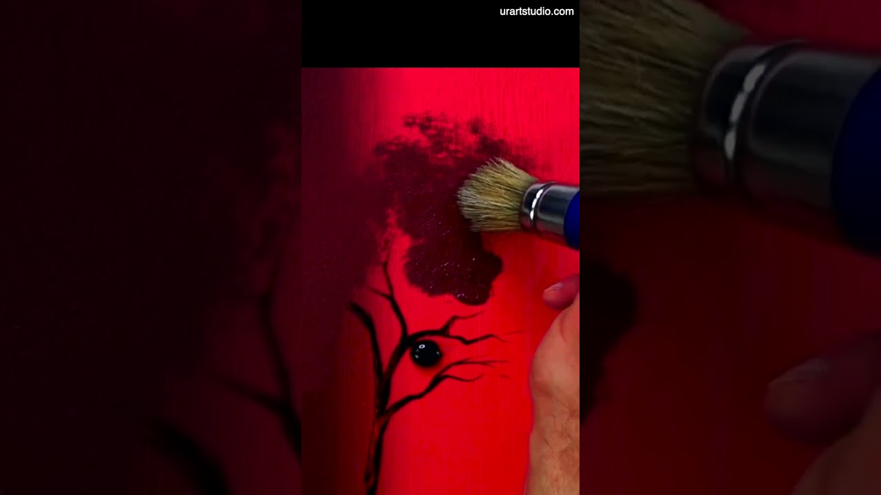 Painting Red Tree on Black Canvas Oval Brush Art 