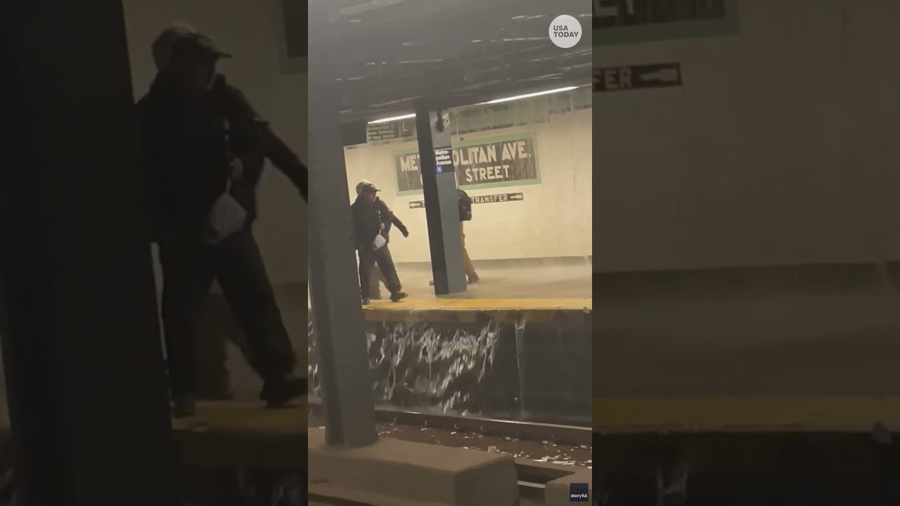 Waterfall forms in NYC subway following flash floods