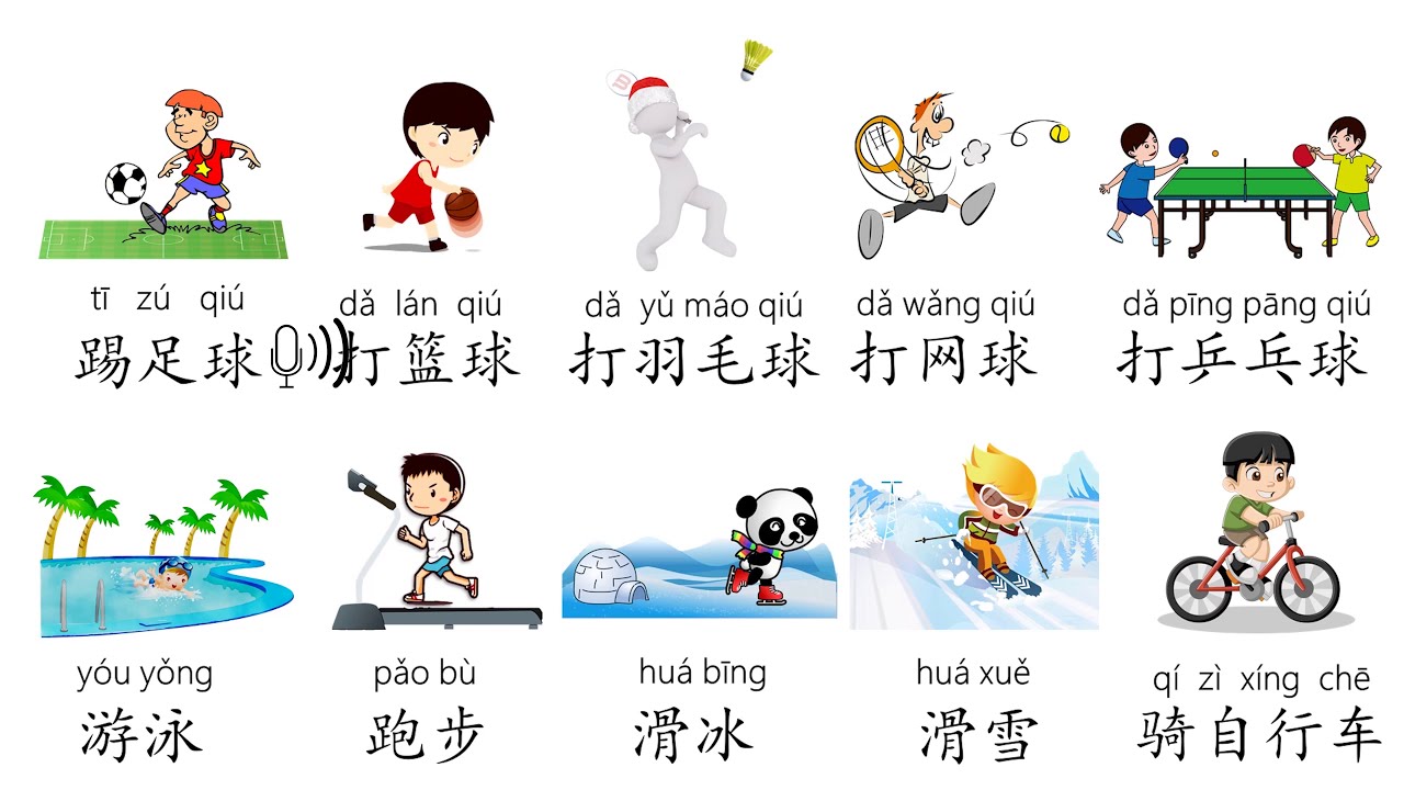 Sports in Chinese Mandarin 运动词卡,教学视频，汉语教学词卡，中文学习词卡/Mr Sun Mandarin