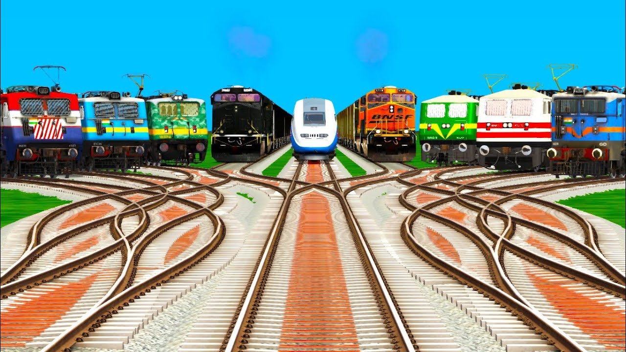 Nine Trains Crossing by Branched Amtkar yard railroad crossing Tarcks /Colourful train video cartoon