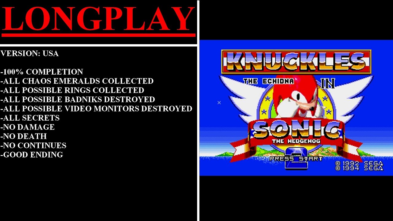 Knuckles the Echidna in Sonic the Hedgehog 2 [USA] (Sega Genesis) - (Longplay | 100% Completion)