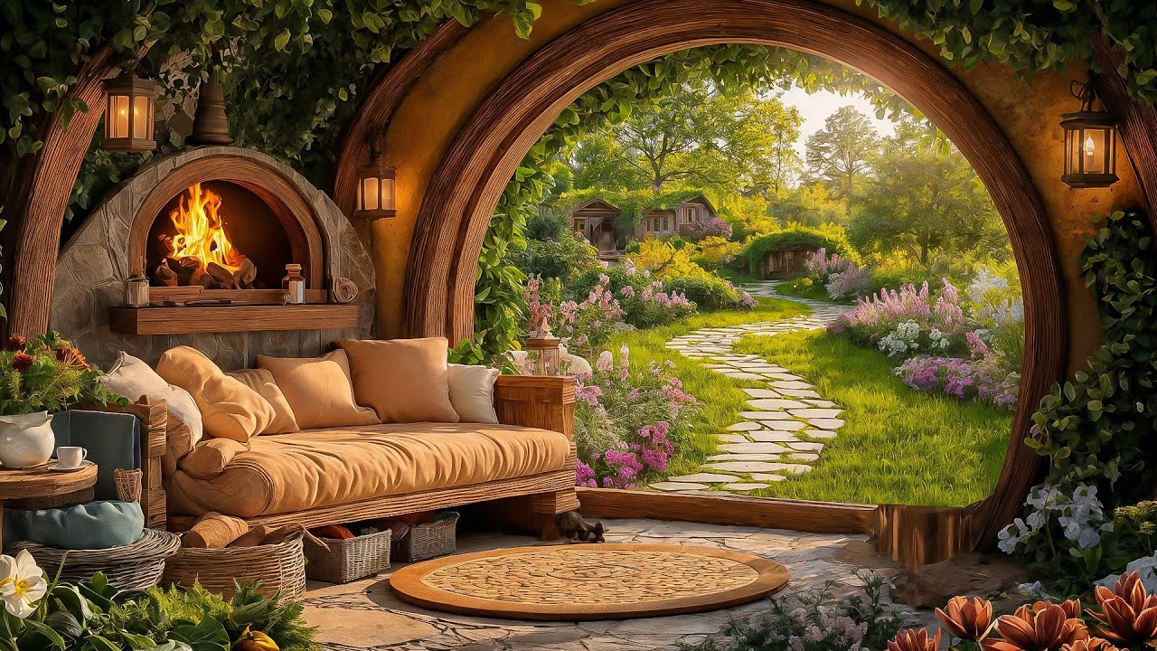 Cozy Reading Nook in The Shire 📖☀️ Gentle Crackling Fire & Birdsong ASMR | Ultimate Relaxation