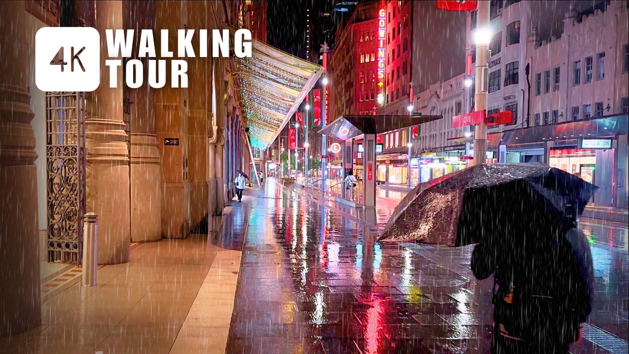Heavy Rainfall Night Walk in Sydney, Australia | 4K