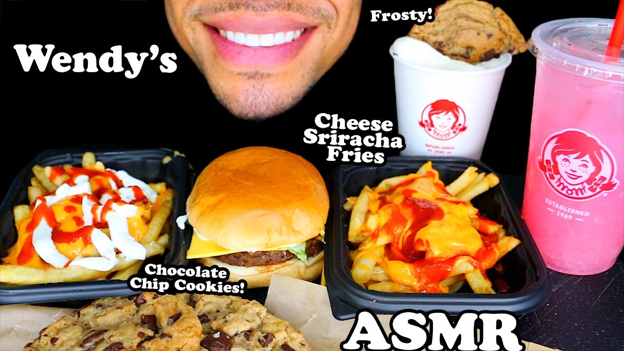 ASMR Wendy's Cheese Sriracha Sauce Fries Cheeseburger Frosty Chocolate Chip Cookie Eating Show Jerry