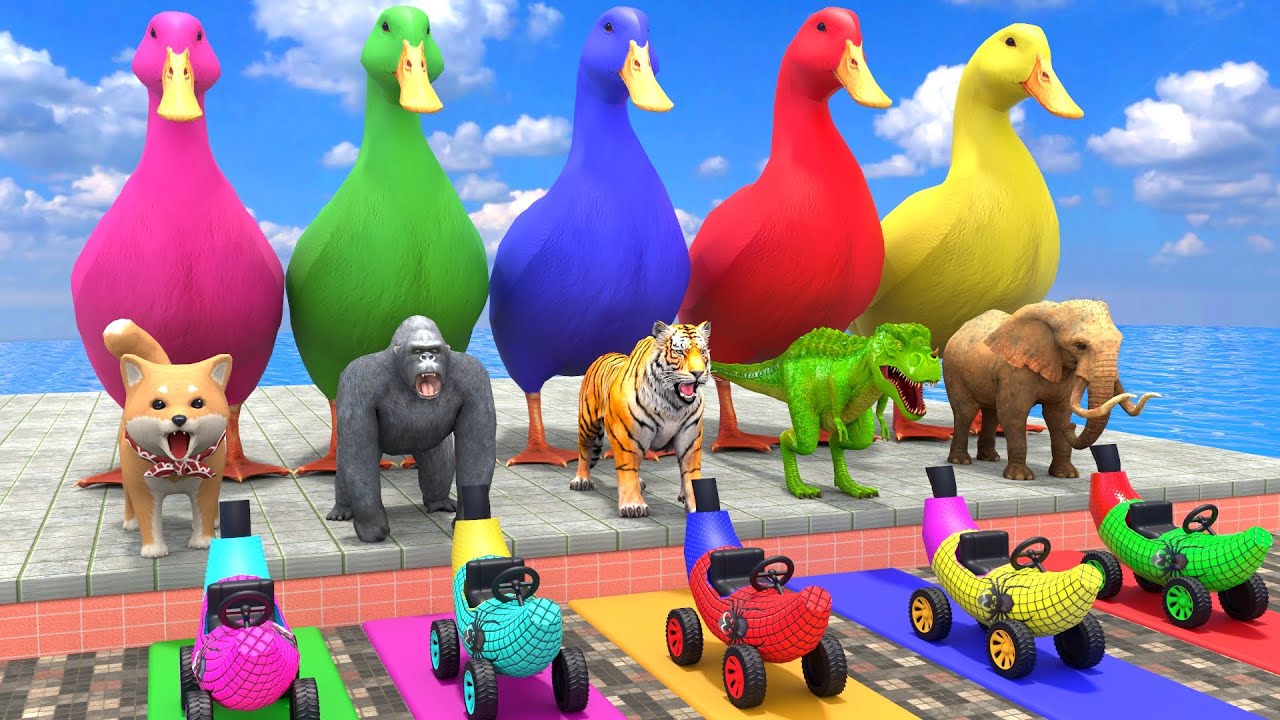 Long Slide Game With Cow Elephant Gorilla Hippopotamus Tiger - 3d Animal Game - Funny 3d Animals